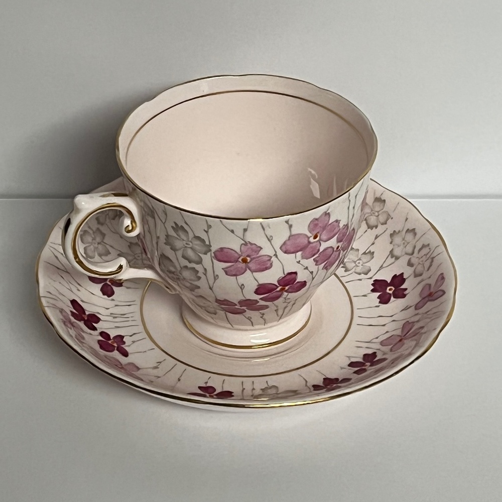 Vintage Tuscan Fine Bone China Made in England Teacup and Saucer Pink Blossoms